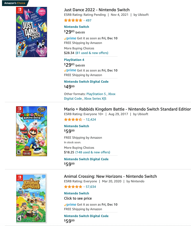 Amazon listings for Nintendo Switch games