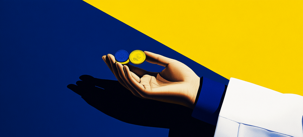Hand holding blue and yellow coins