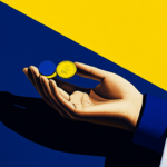 Hand holding blue and yellow coins