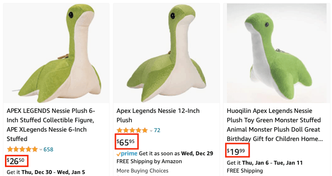 Pricing for Nessie from different sellers on Amazon