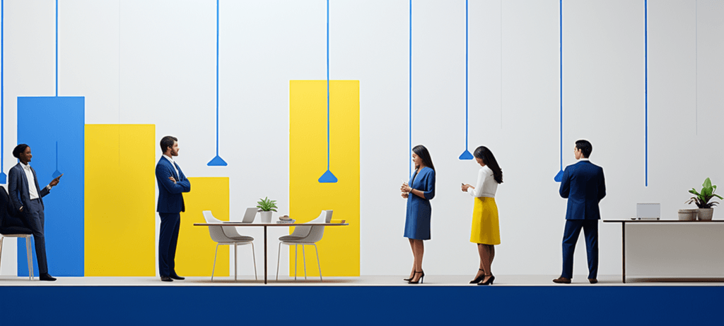 Professional men and women standing in an office room