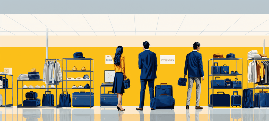 Three people in business attire are standing in a store with a yellow wall, looking at displays of clothing, shoes, and blue luggage. The woman in the center wears a yellow blouse and navy skirt with a handbag, flanked by two men in navy suits, one holding a briefcase and the other a small bag.