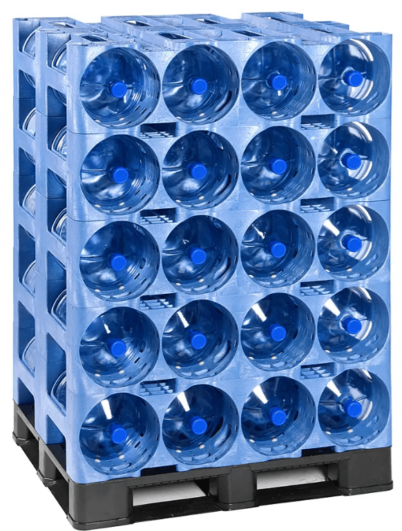A stack of large blue water bottles with blue caps, arranged on a blue plastic pallet.