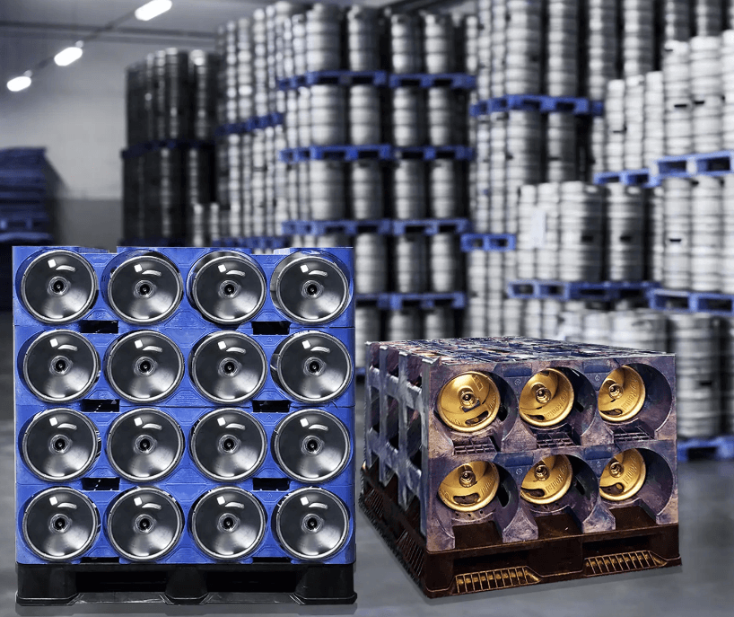 Two pallets with neatly stacked kegs in blue and yellow in the foreground, with a warehouse background filled with rows of silver and blue kegs.