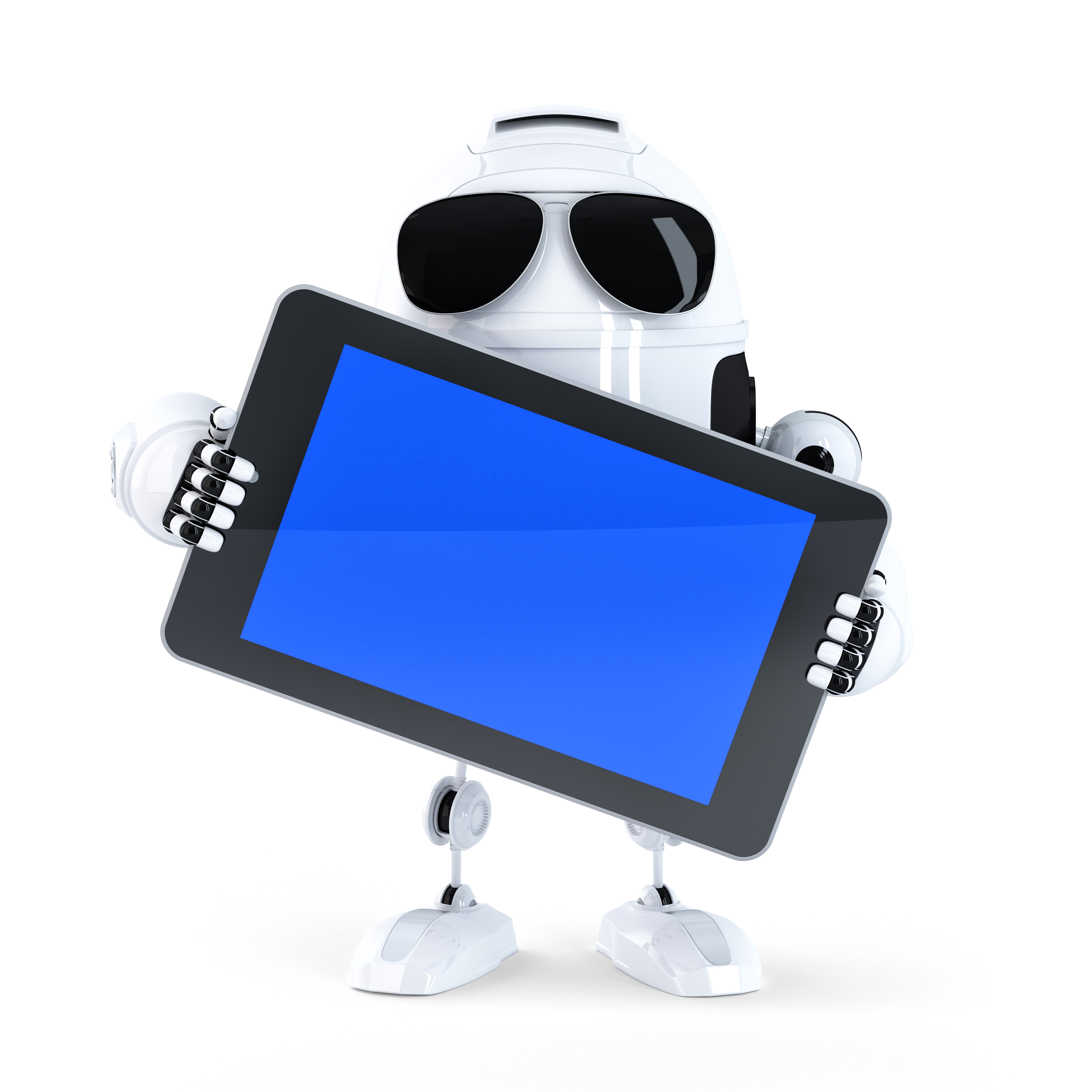 Android robot holding blanc screen mobile device. Isolated