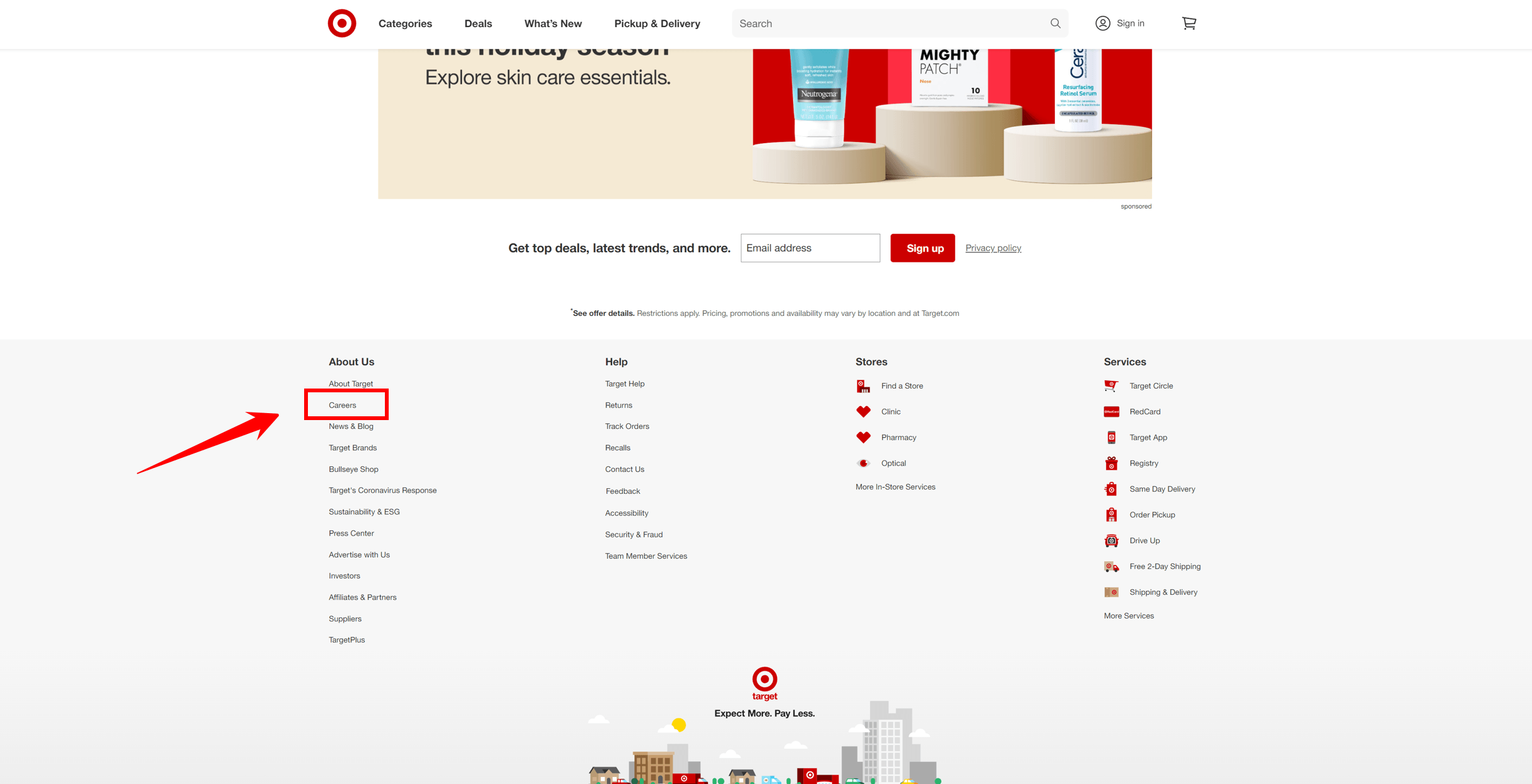 The footer of Target's website with a link to their career page