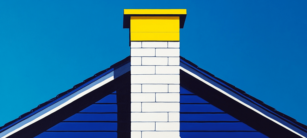 White chimney with a yellow top on a blue roof.