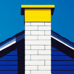 White chimney with a yellow top on a blue roof.
