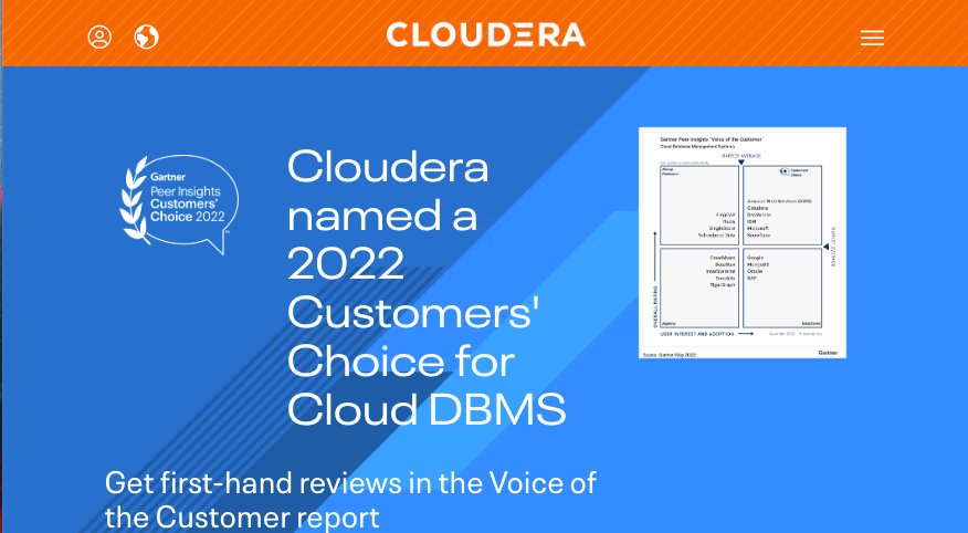 Light blue background with white text detailing Cloudera's offerings