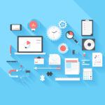 Vector collection of modern trendy flat business and office icons on blue background with long shadow.