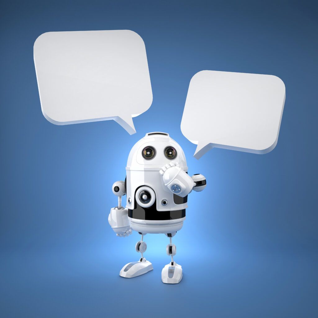 Cute Android Robot with speech bubbles. Rendered over blue background