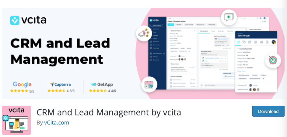 Pink banner photo features Vcita's CRM features