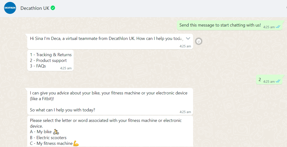 decathlon whatsapp for business live chat example