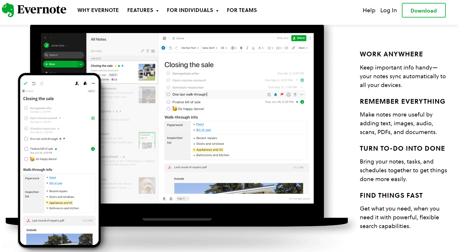 evernote landing page screenshot and tool example