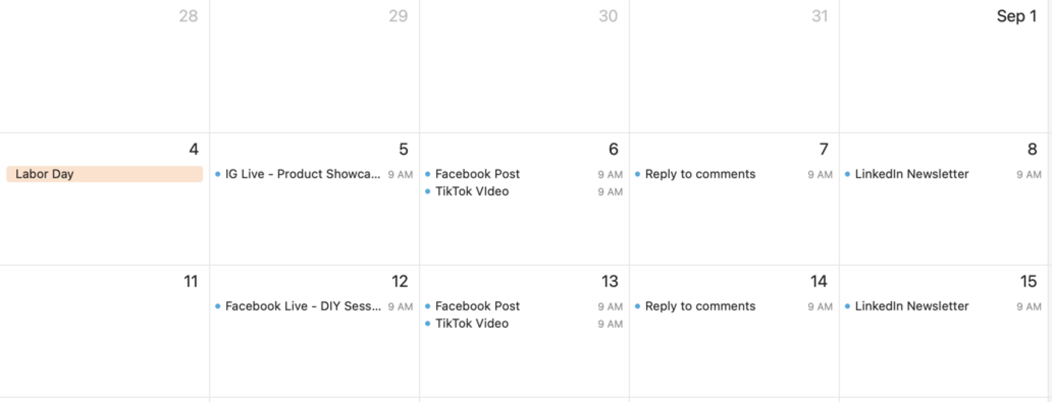 Screenshot of a calendar with social media marketing timelines.