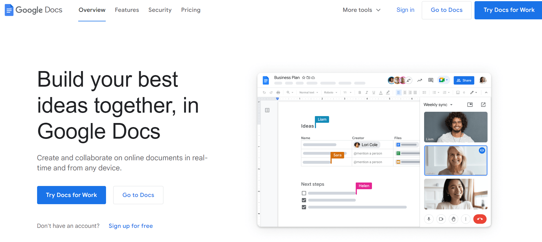 google docs landing page screenshot