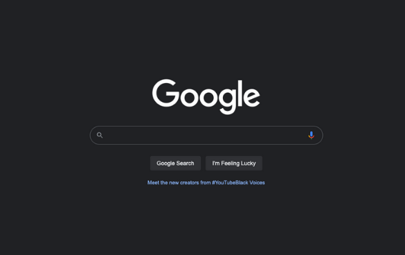 Google search homepage with dark theme, featuring the Google logo, a search bar, 'Google Search' and 'I'm Feeling Lucky' buttons, and a promotional message for #YouTubeBlack Voices.