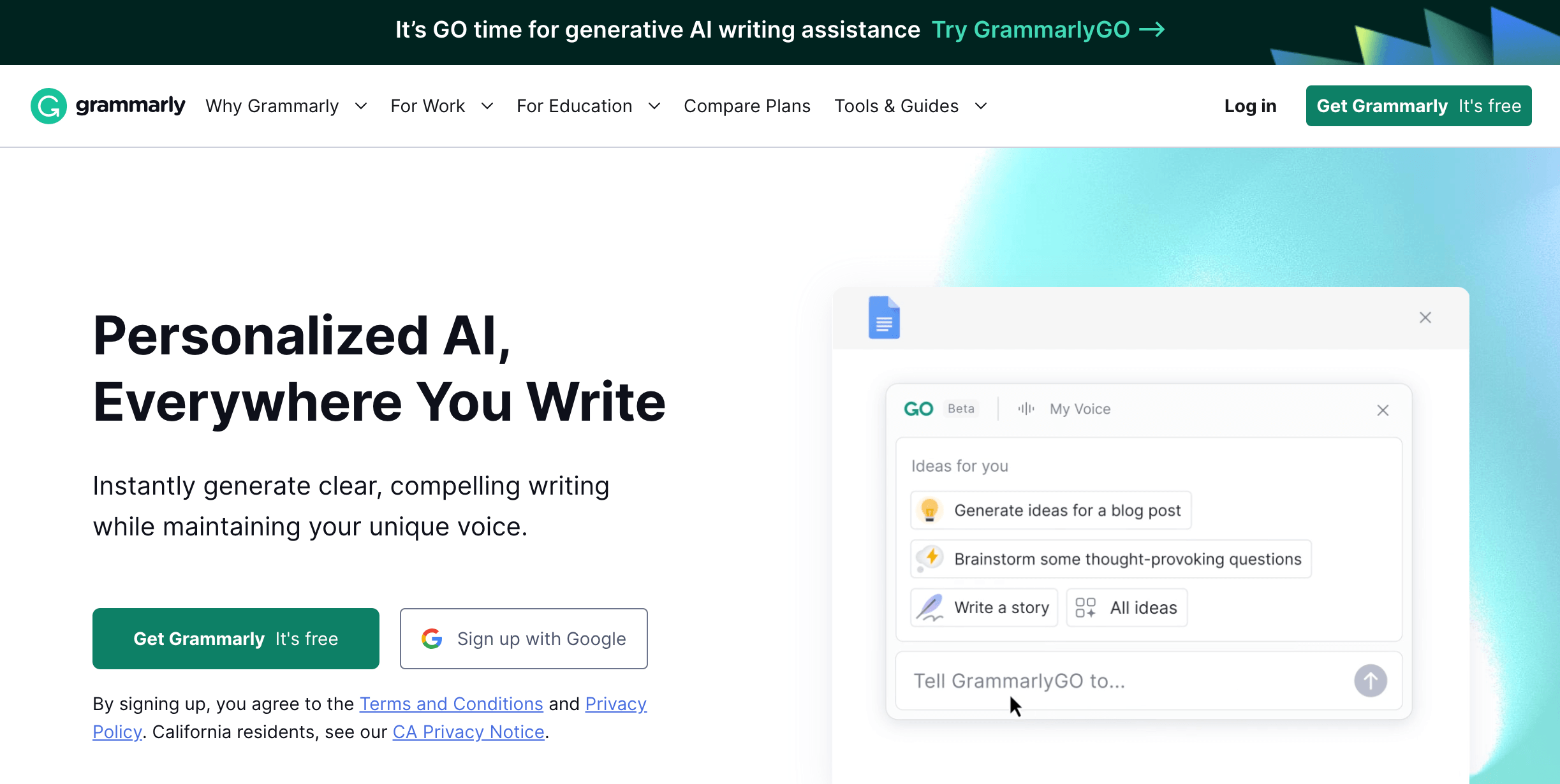 Grammarly homepage promoting their tool