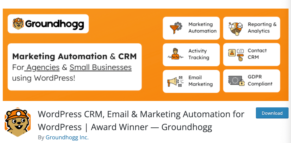 Orange homepage detailing the features of Groundhogg