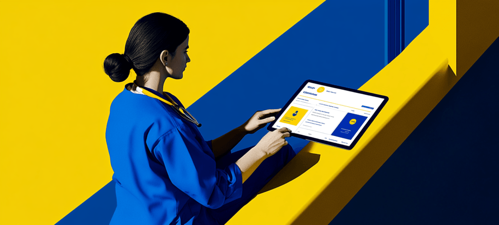 Urgent care staff with CRM on a tablet