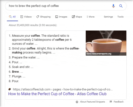 GIF showing a query for how to make coffee