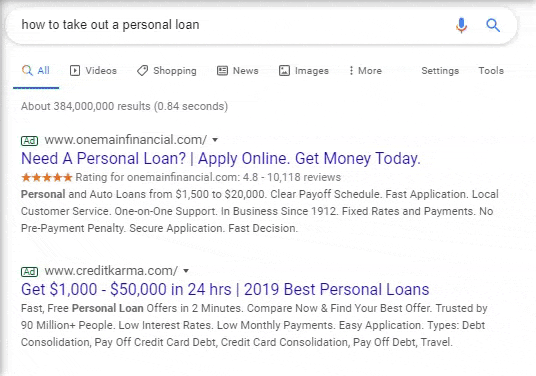 Search query for personal loans