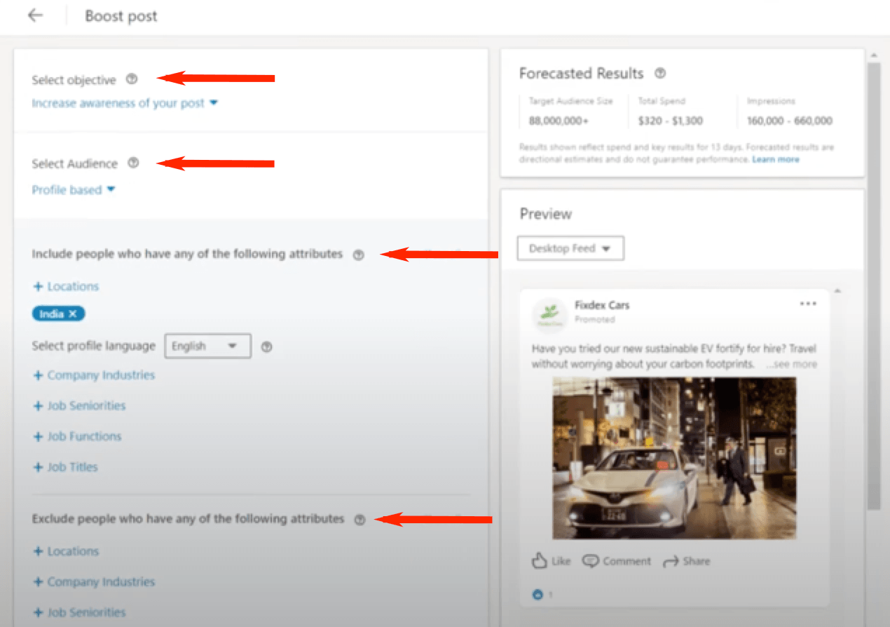 LinkedIn boosted post dashboard