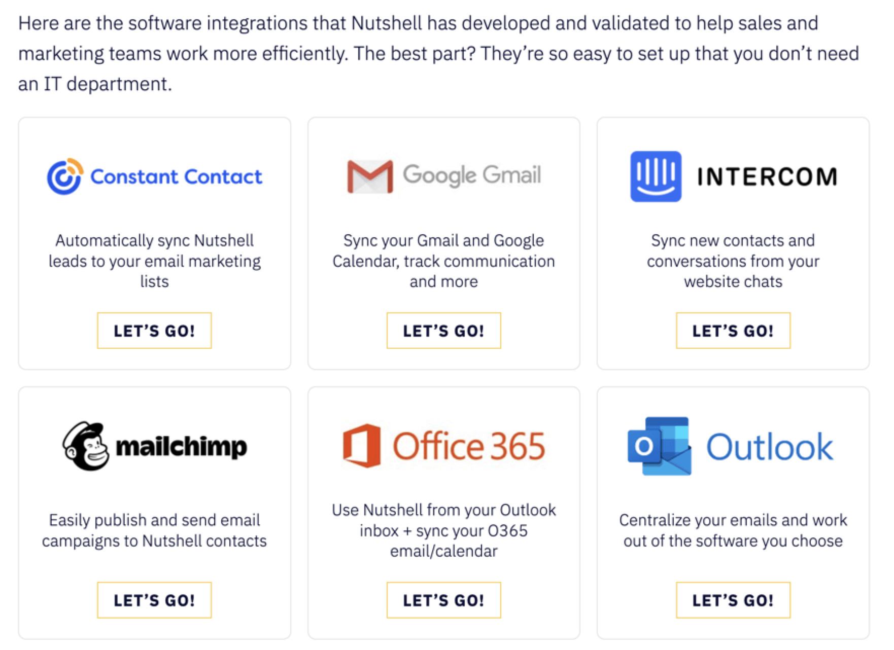 Screenshot of services that Nutshell integrates with