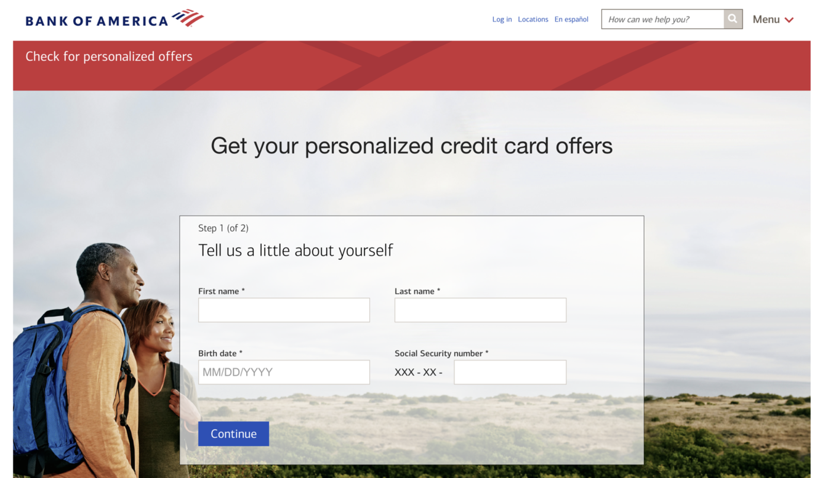 Screenshot of Bank of America's personalized credit card survey