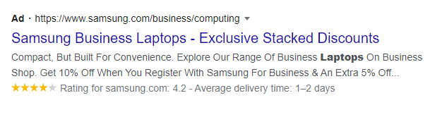 PPC ad copy example in the search results