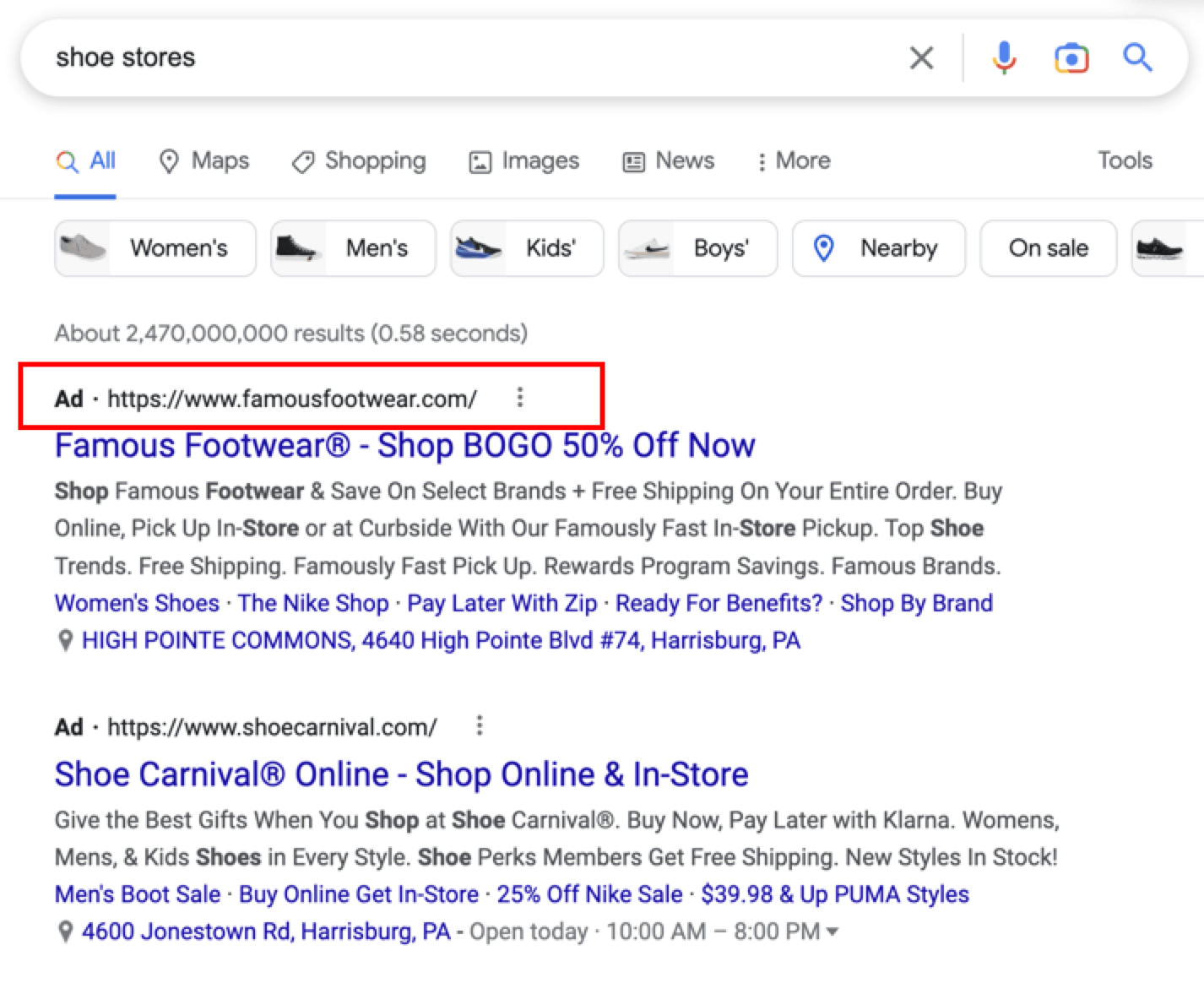 Screenshot of PPC SERP placement