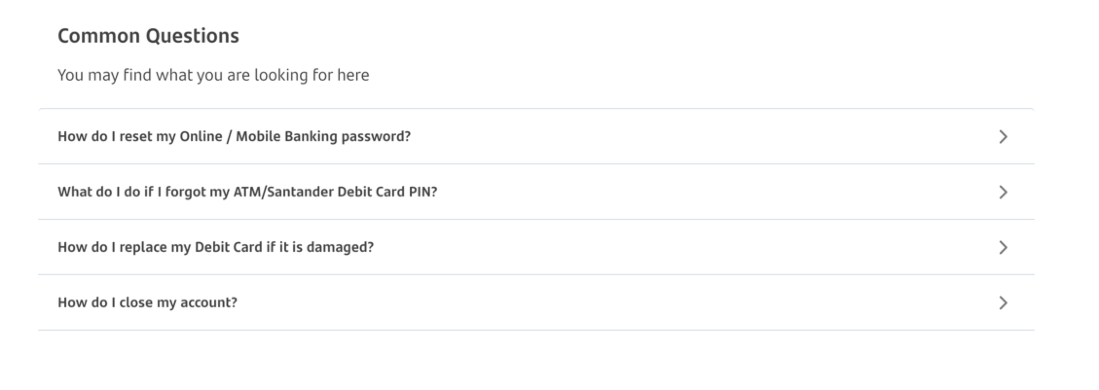 Screenshot of Santander's FAQ section on their website
