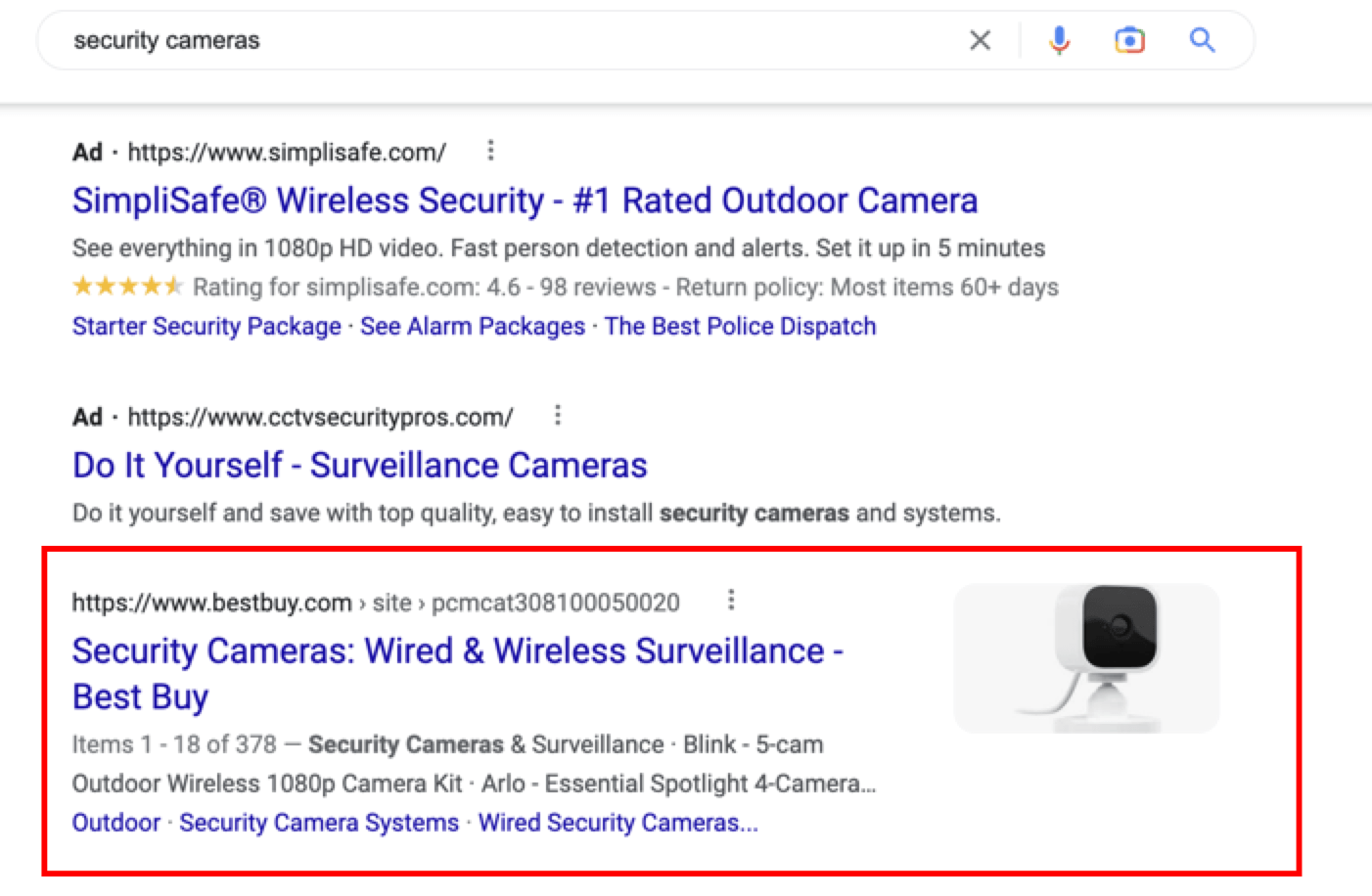Screenshot of organic traffic placement on SERPs