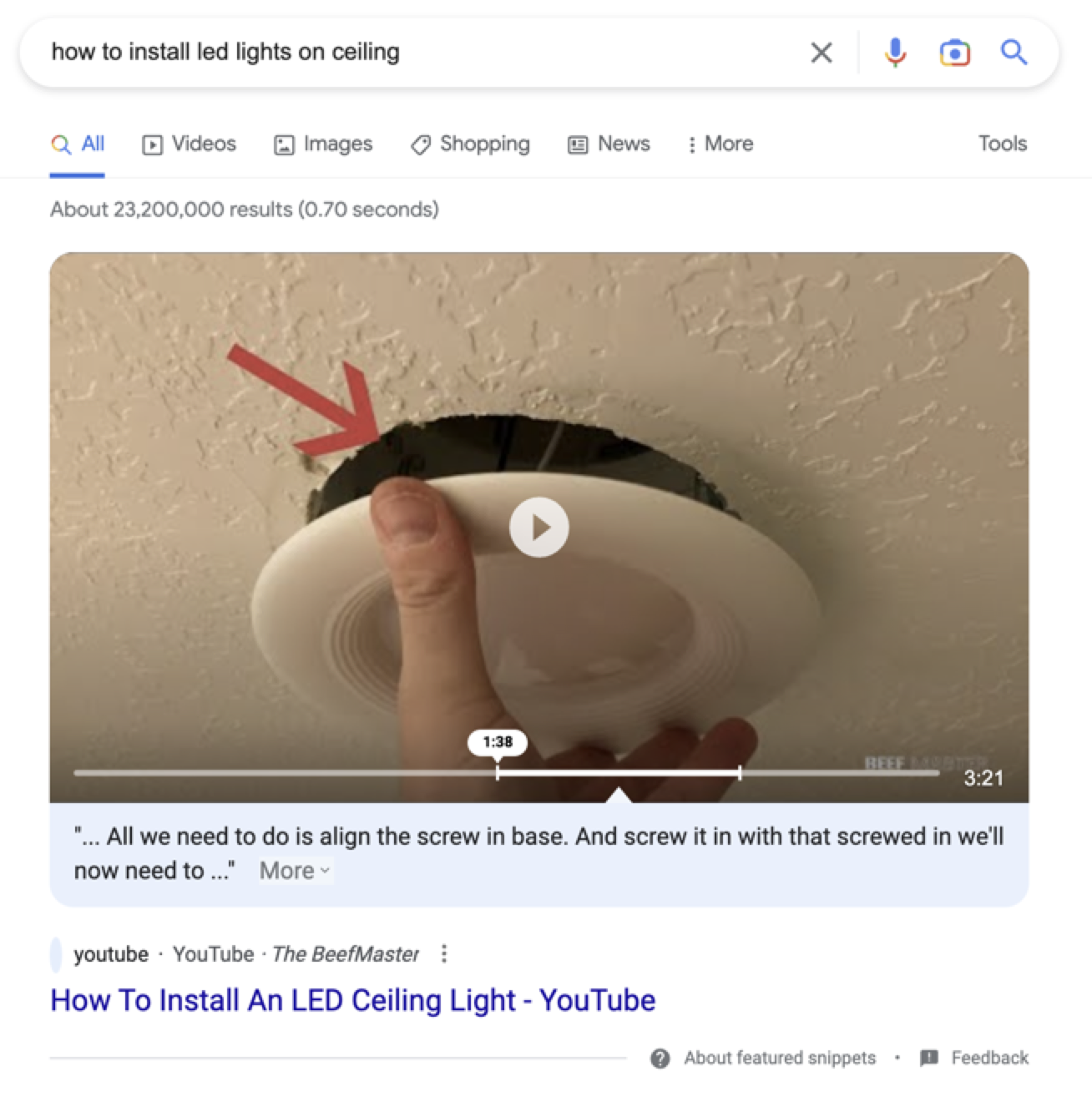 Screenshot of video search result on Google