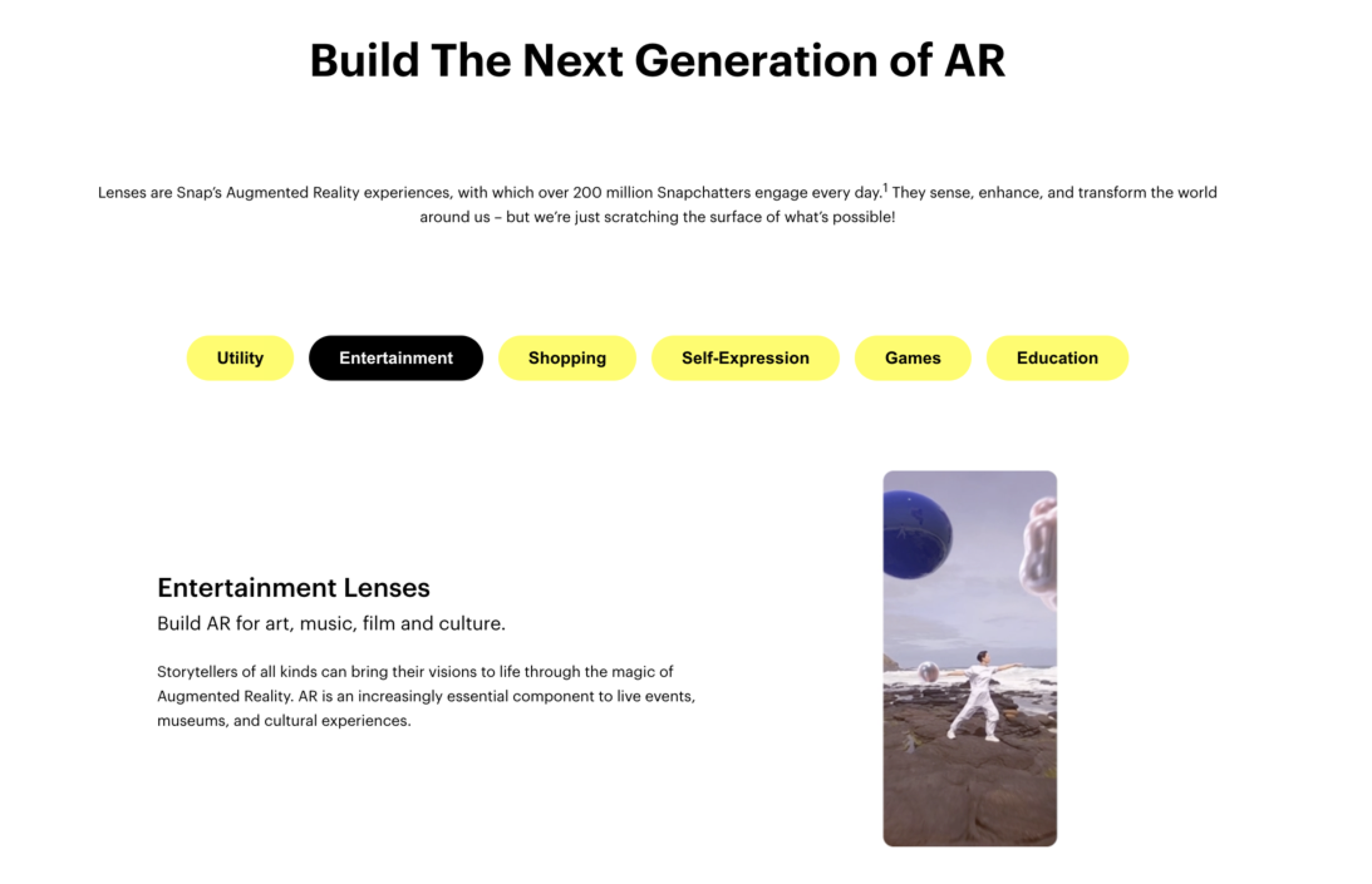 Screenshot of Snapchat's different AR lens categories, including utility, entertainment, shopping, self-expression, games, and education.