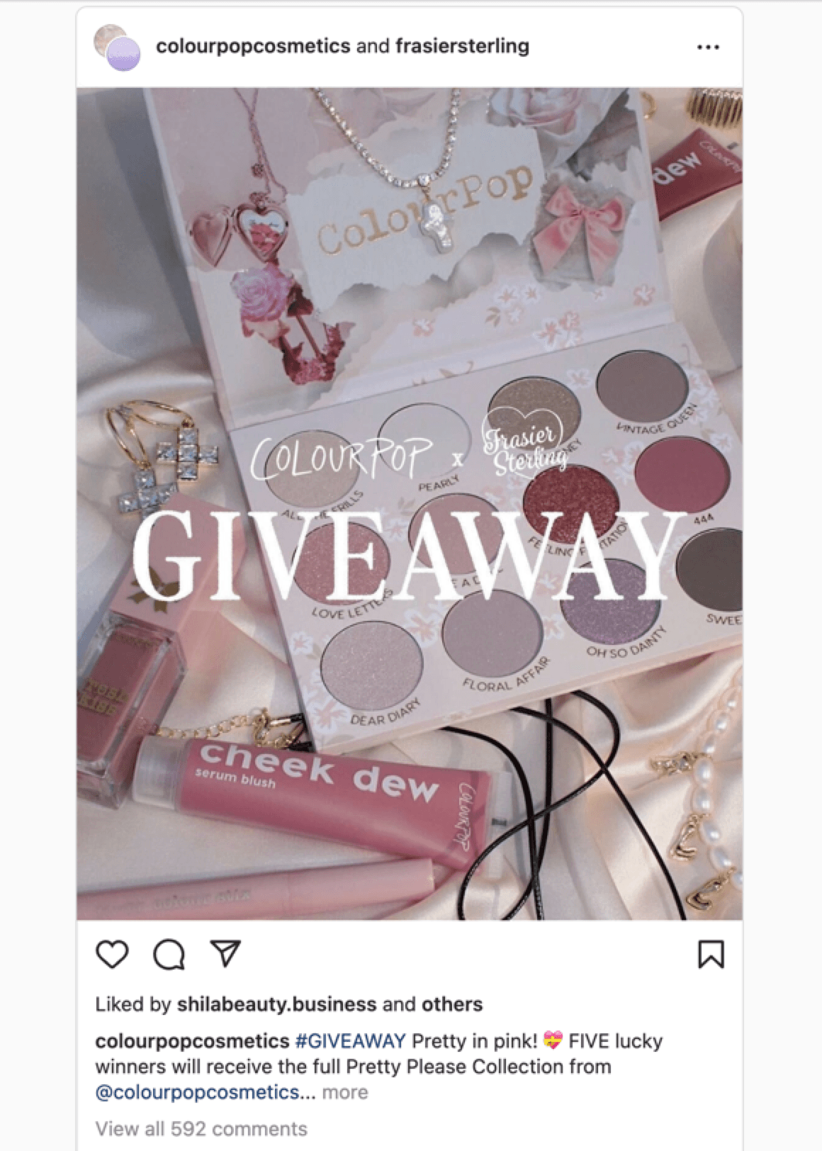 Instagram post from a partnered giveaway with ColourPop