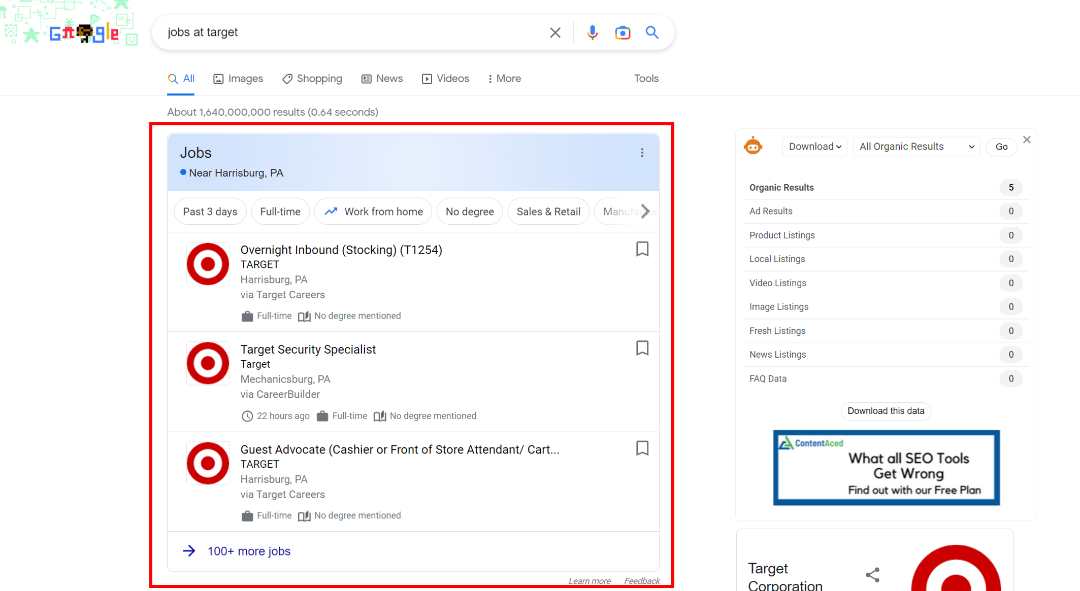 Target jobs in Google search results interactive feature