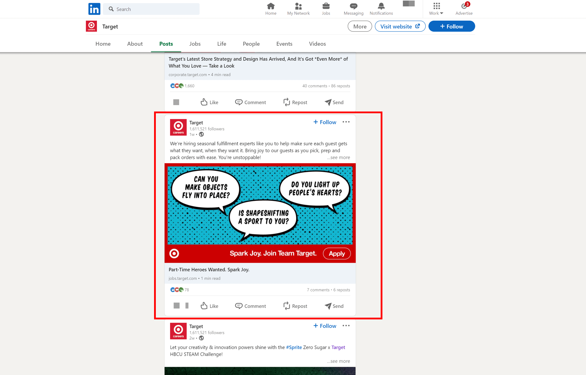 A LinkedIn post fromTarget advertising their open positions