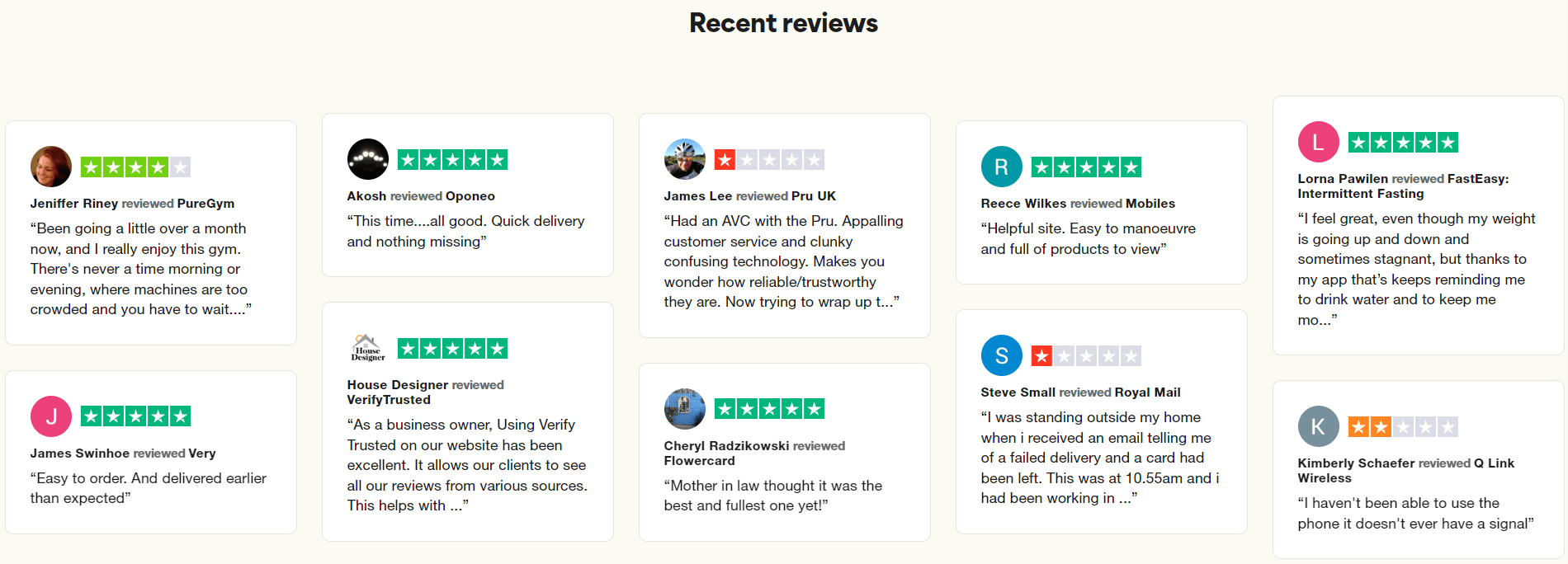 trustpilot recent customer reviews screenshot