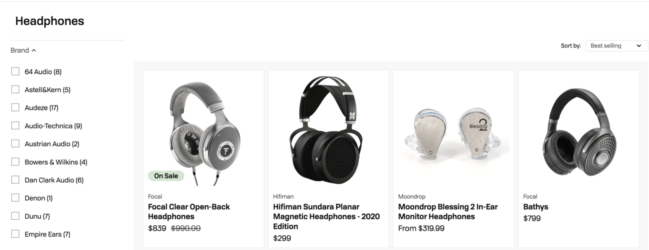 Screenshot of headphone listing on an e-commerce site