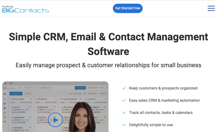 Bigcontacts homepage featuring a video about their software and details about their software