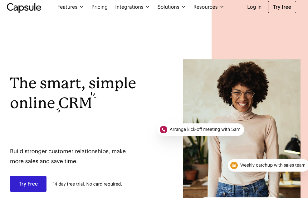 White and pink homepage for Capsule CRM