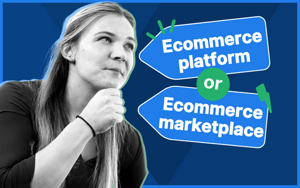 A woman looking thoughtfully to the side with speech bubbles above her head containing the text 'Ecommerce platform' and 'Ecommerce marketplace' with arrows pointing back and forth between them, indicating a comparison or decision-making process.