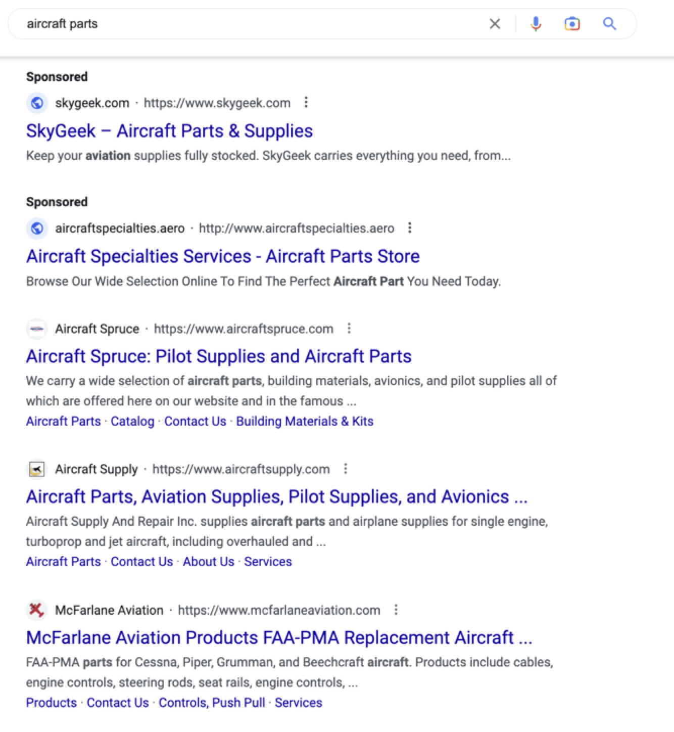 Screenshot of Google search results for "aircraft parts"