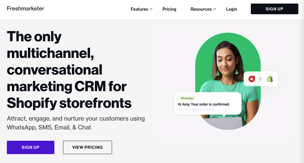 Homepage for CRM software Freshmarketer