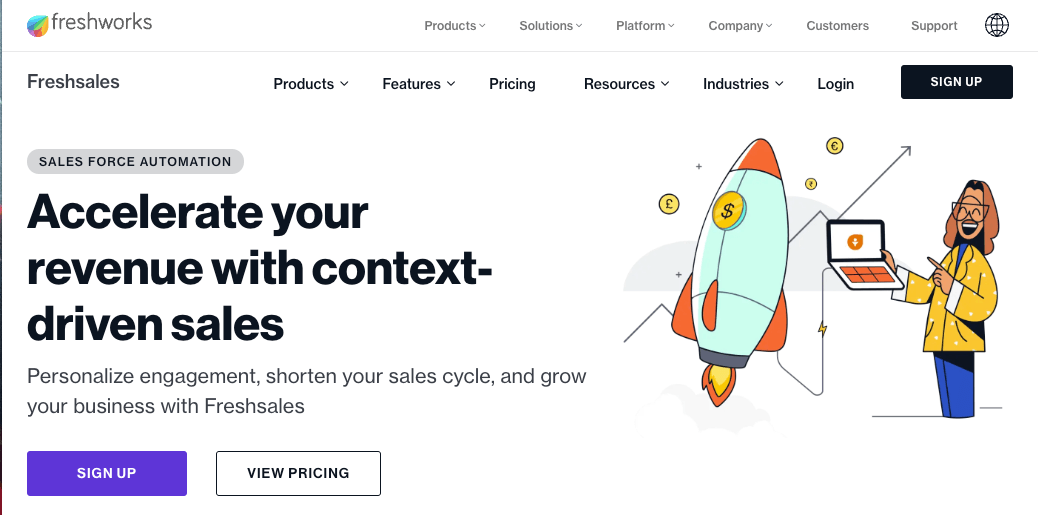 Homepage for Freshworks detailing their product features