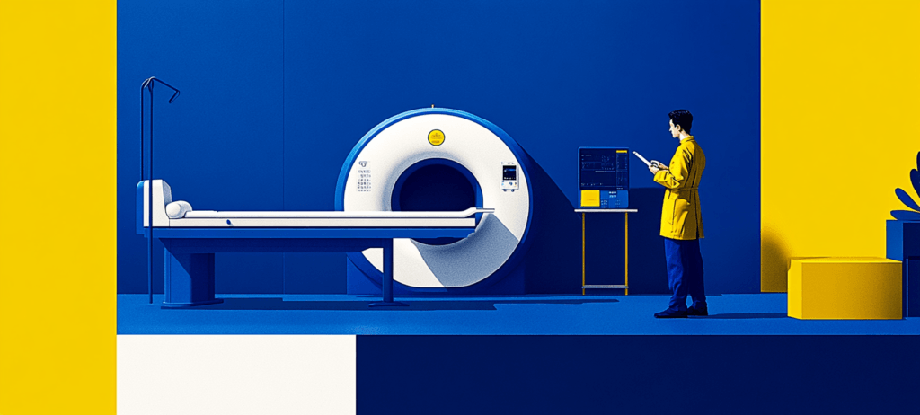 MRI machine and doctor in blue and yellow