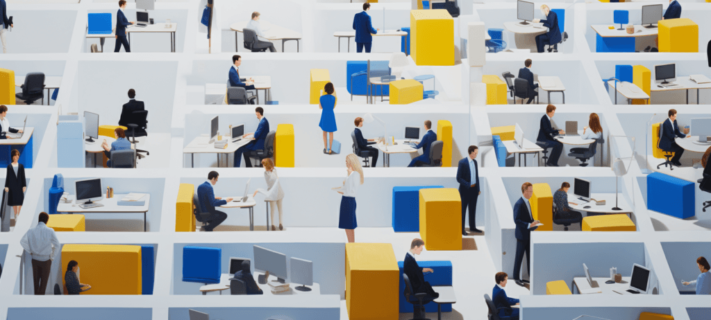 A stylized depiction of a busy office environment with individuals working at desks, having meetings, and walking around in a grid-like layout with a white, blue, and yellow color scheme.