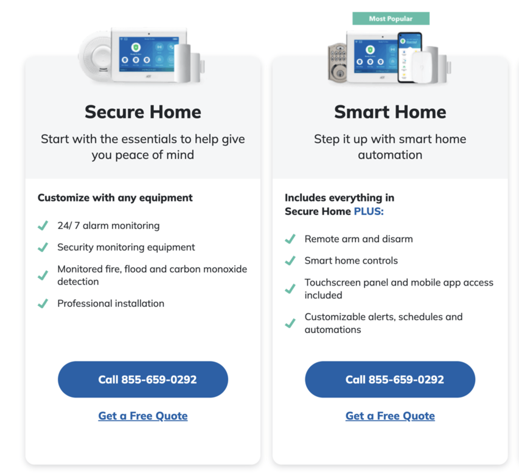 Screenshot of ADT product listings