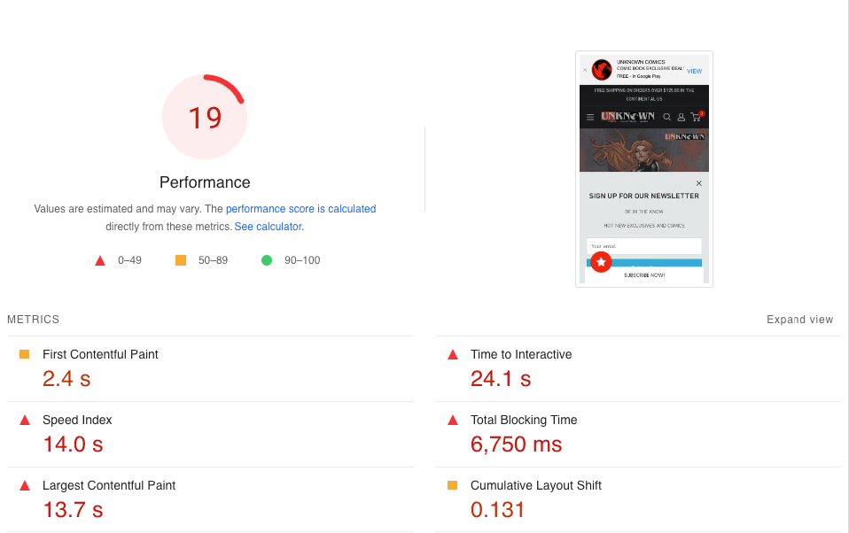 Results of metrics from a Google Page Speed test showing a slow website